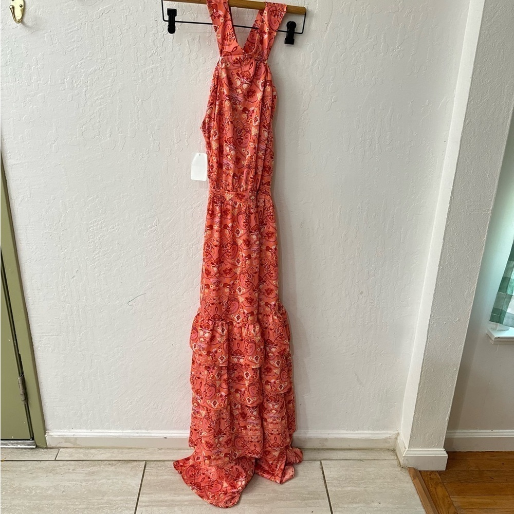Outerknown Pink Orange Ruffle Tier High Neck Split Strap Maxi Dress Floral Sz 2